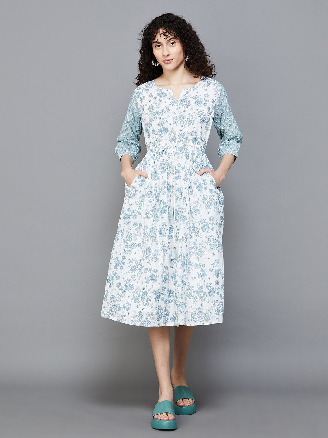

Colour Me by Melange Floral Printed Tie Up Cotton Fit & Flare Midi Dress, Blue