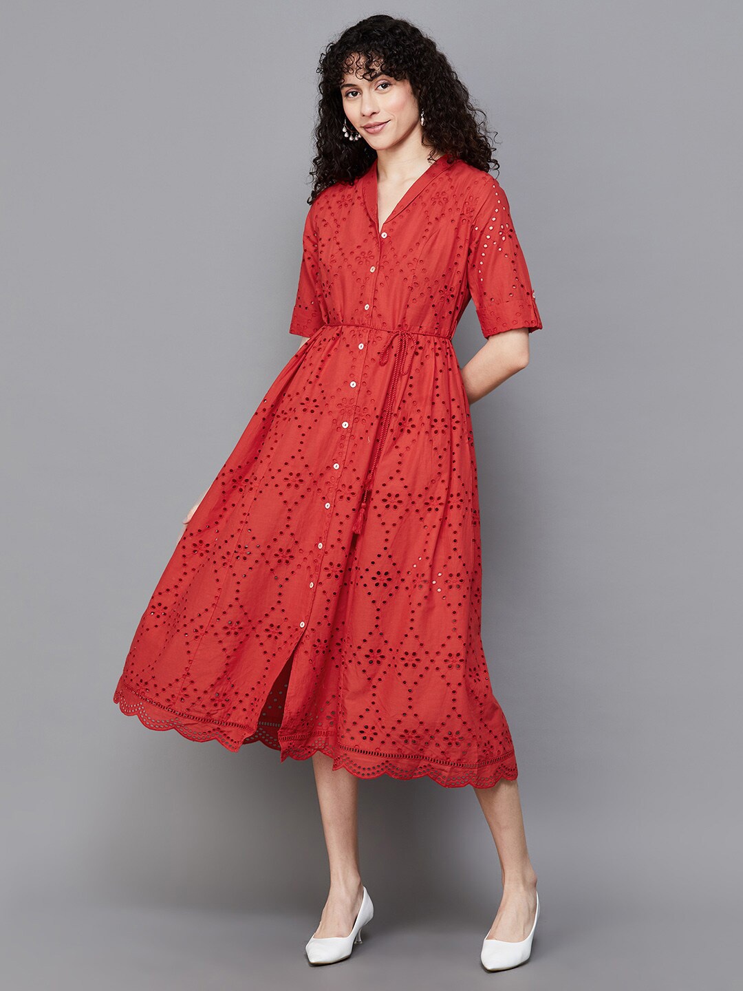 

Colour Me by Melange Geometric Print Mandarin Collar Cotton Maxi Dress, Red