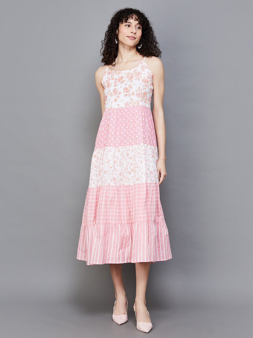 

Colour Me by Melange Floral Printed Tiered Smocked A-Line Midi Dress, Pink