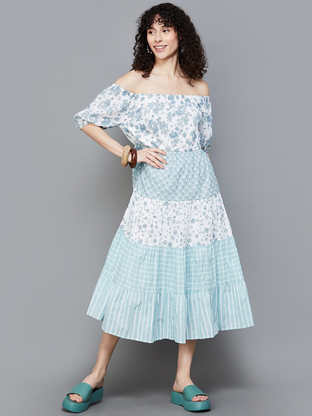 

Colour Me by Melange Floral Print Off Shoulder A-Line Cotton Midi Dress, Blue
