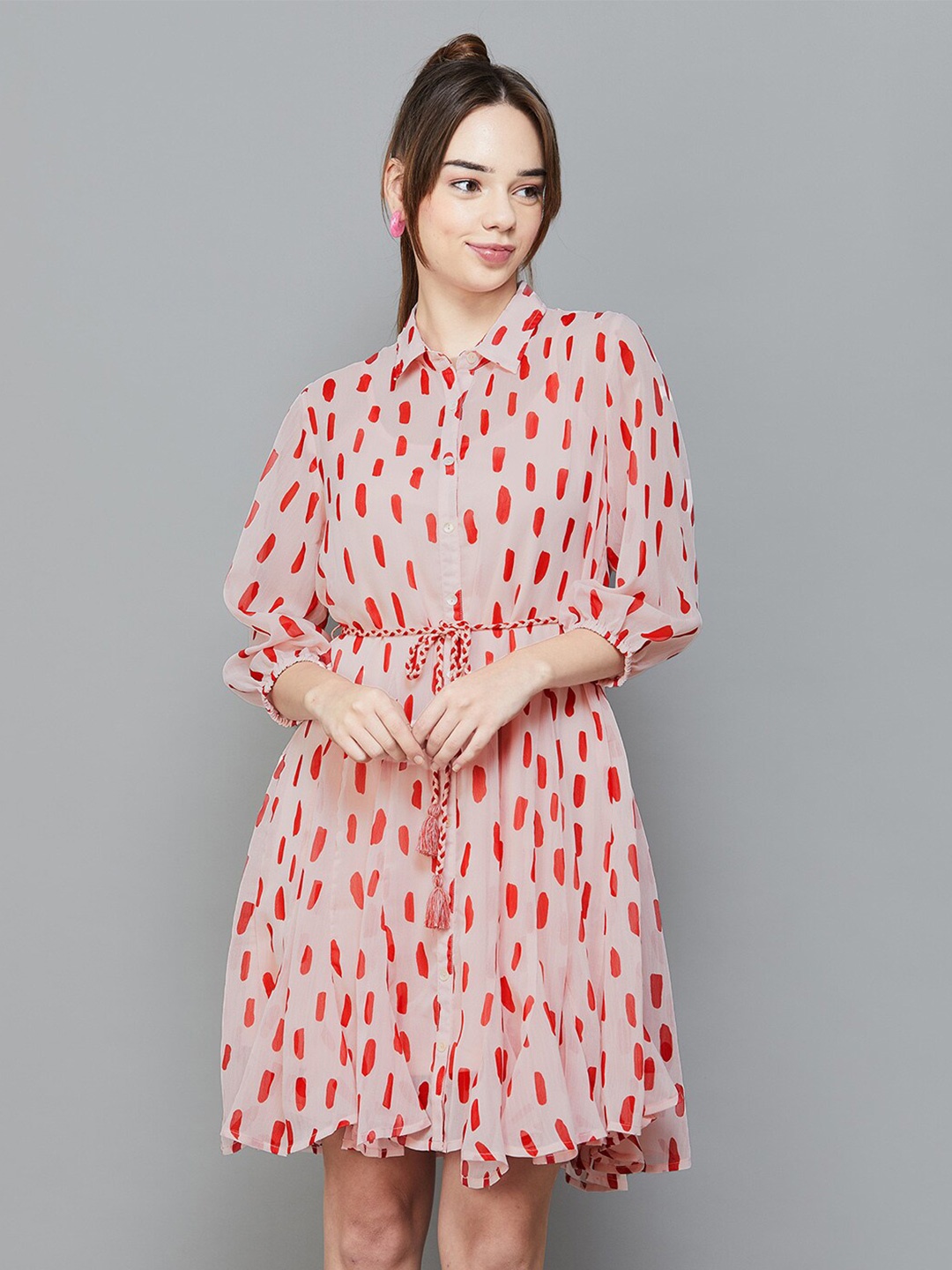 

Colour Me by Melange Geoemtric Printed Belted Shirt Dress, Beige