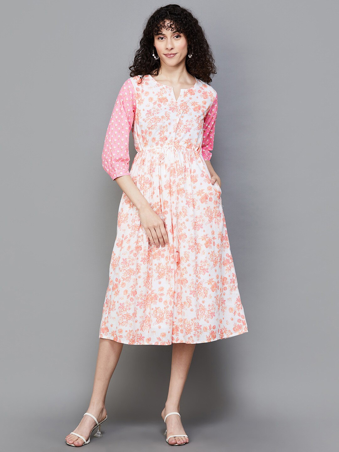 

Colour Me by Melange Floral Printed Tie Up Cotton Fit & Flare Midi Dress, Pink