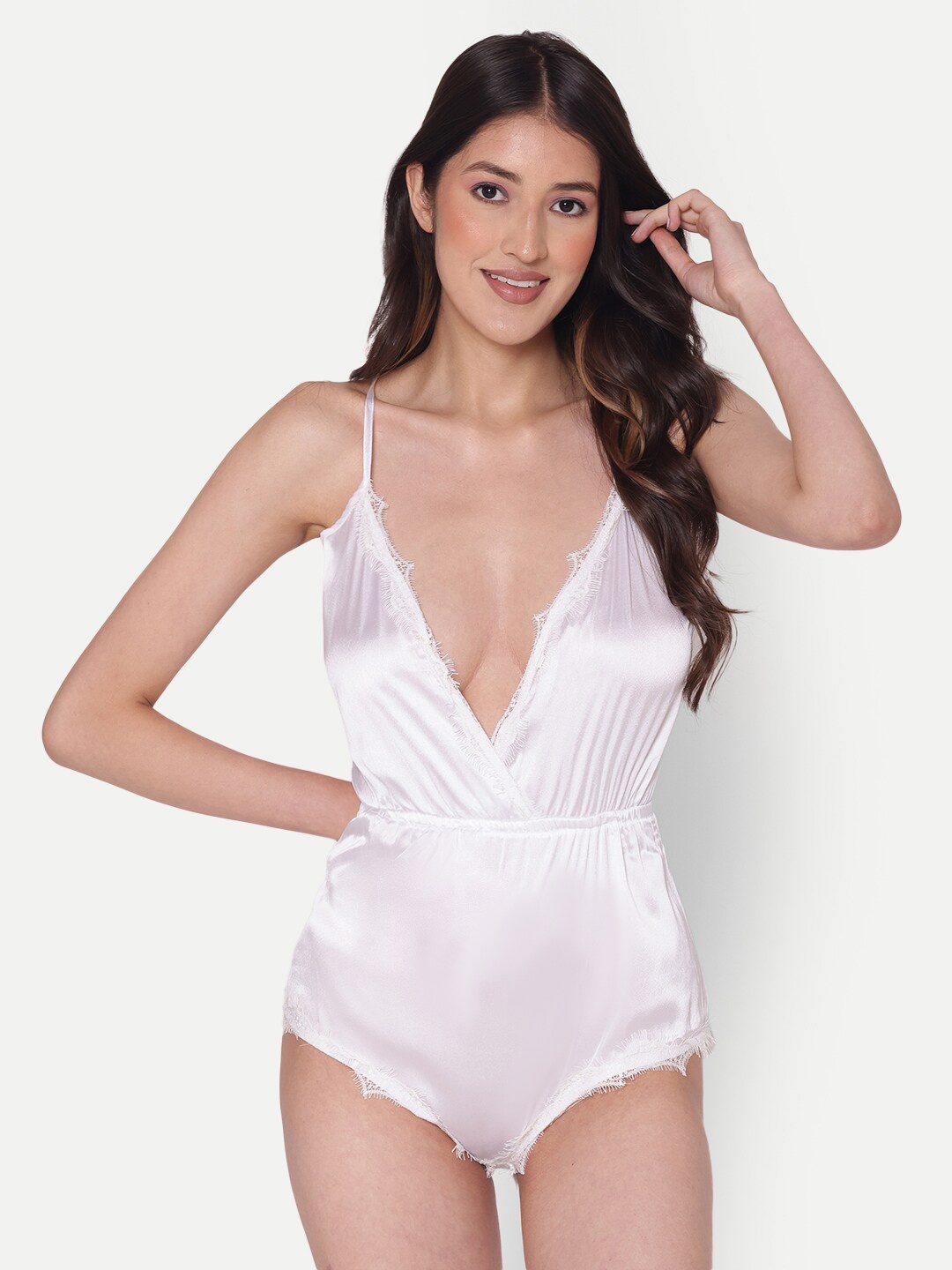 

Broiden Lace Detail Satin Bodysuit, White