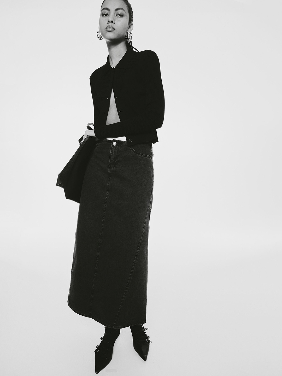 

H&M Pure Cotton Denim Maxi Skirt, Black