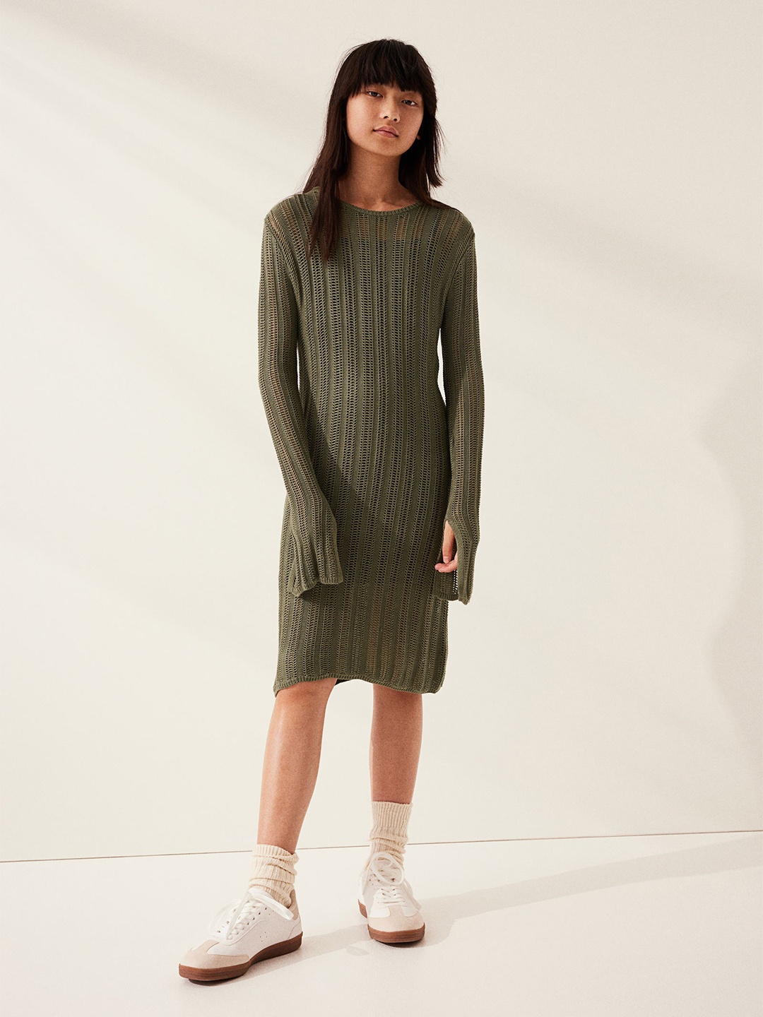 

H&M Girls Ladder-Stitch-Look Dress, Green