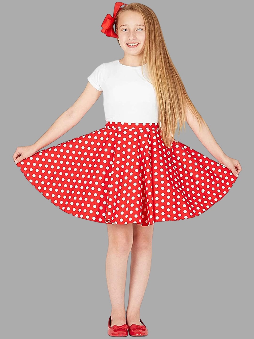 

BAESD Girls Polka Dots Printed Flared Knee Length Skirt With Attached Shorts, Red