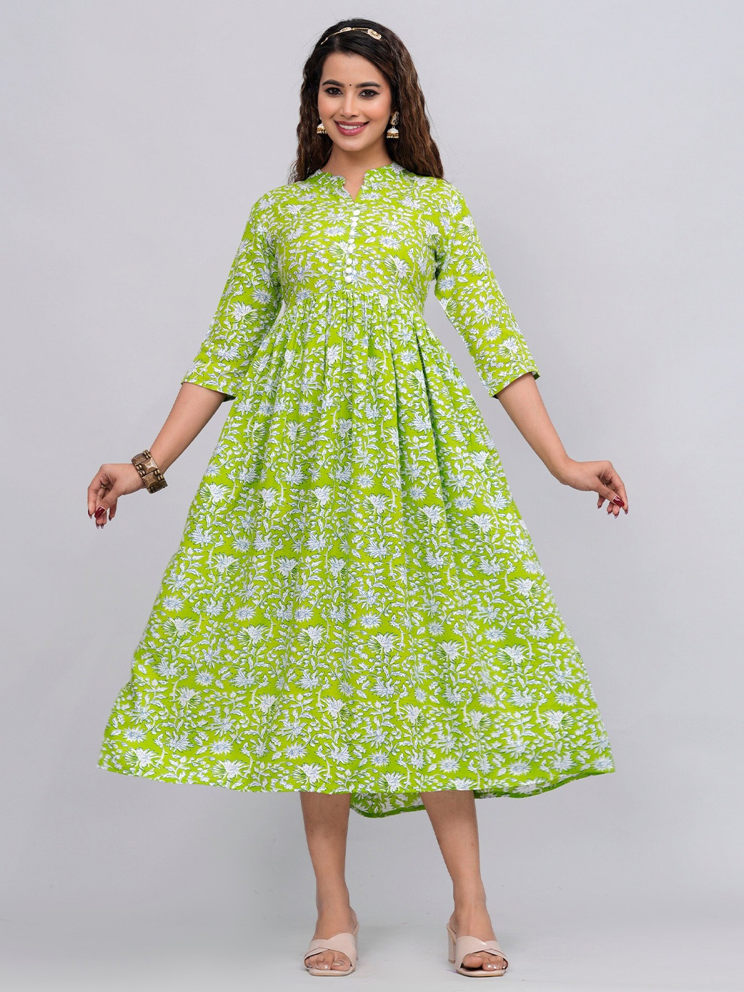 

Sanganeri Kurti Mandarin Collar Floral Printed A-Line Flared Midi Dress, Green