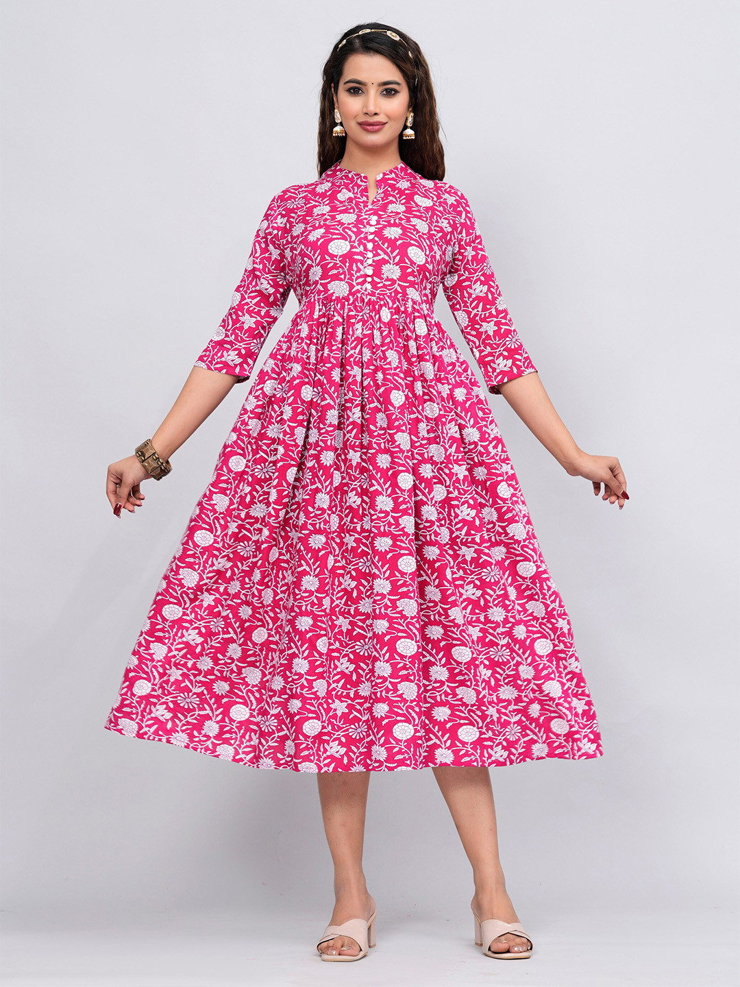 

Sanganeri Kurti Floral Printed Mandarin Collar A-Line Midi dress, Pink