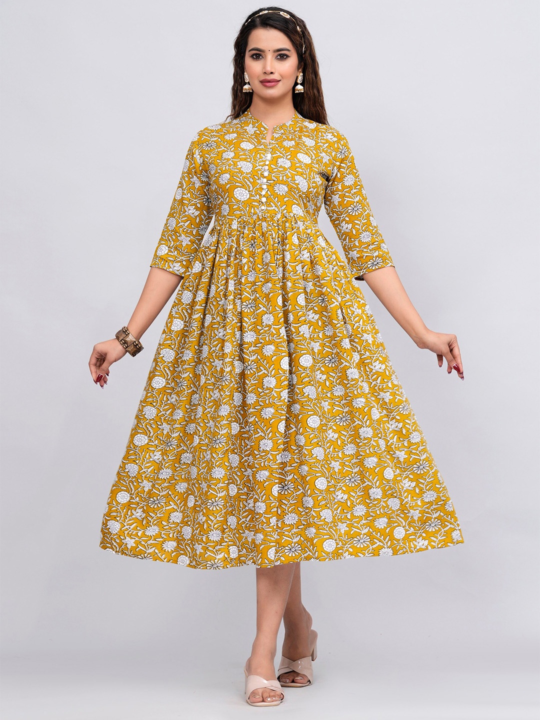 

Sanganeri Kurti Mandarin Collar Floral Printed A-Line Flared Midi Dress, Mustard