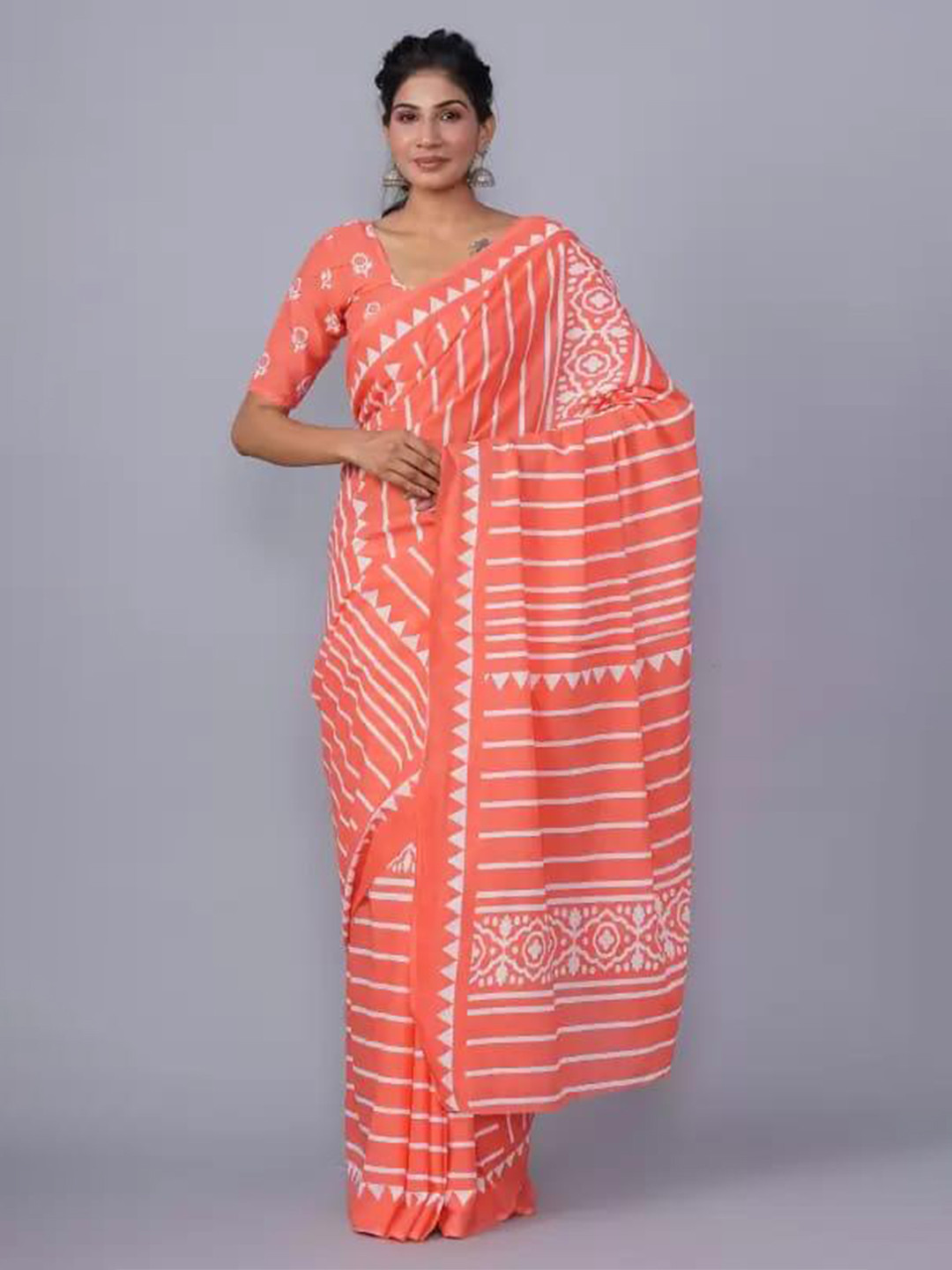 

TROPWEAR Striped Pure Cotton Block Print Saree, Orange