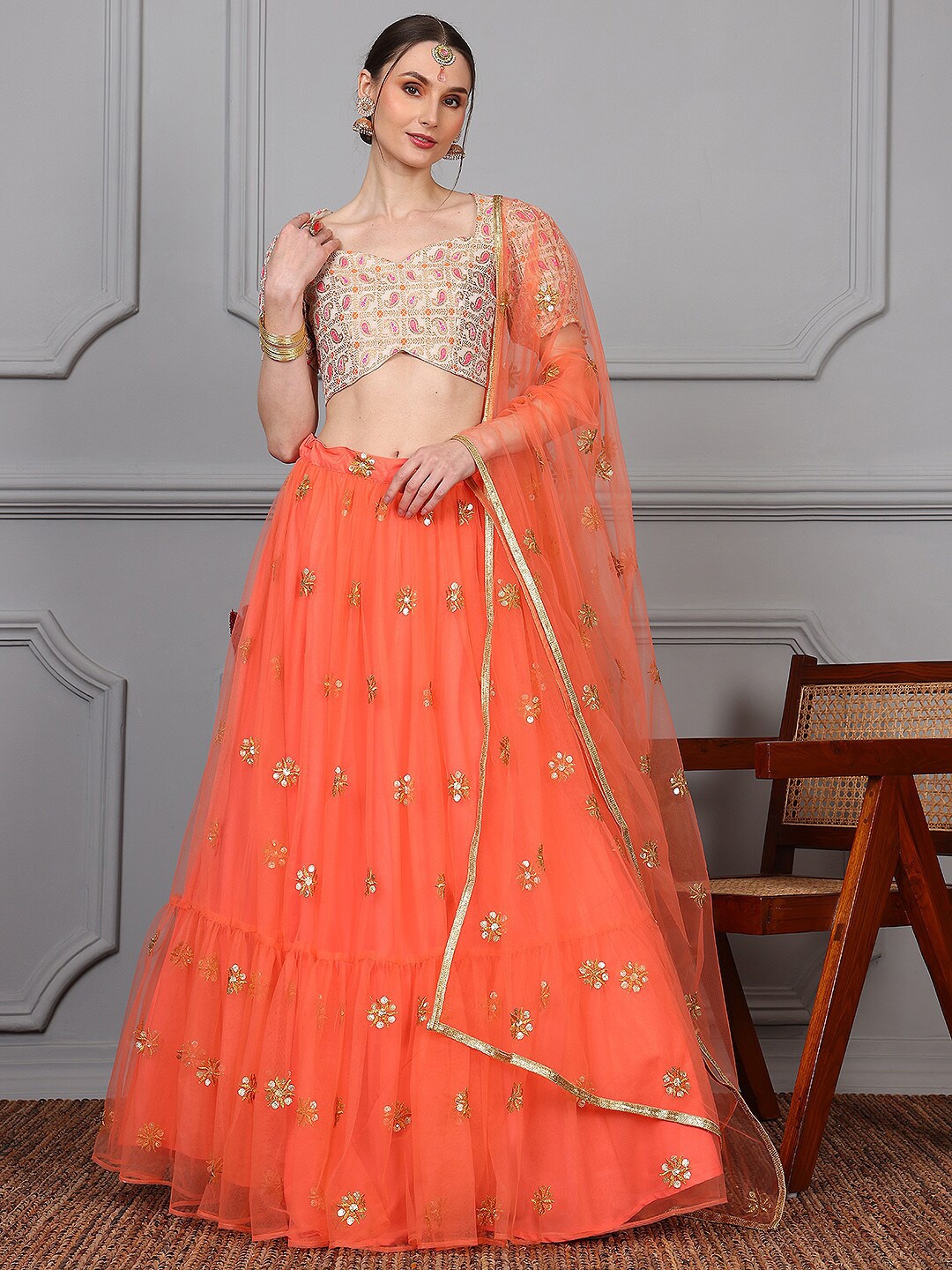 

Ethnovog Ethnic Motifs Embroidered Semi-Stitched Lehenga & Unstitched Blouse With Dupatta, White