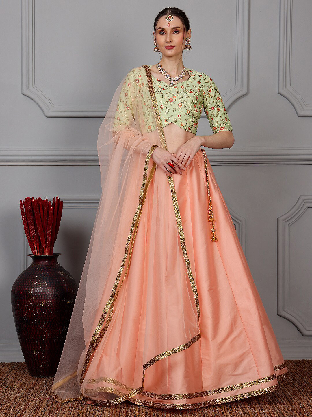 

Ethnovog Floral Embroidered Semi-Stitched Lehenga & Unstitched Blouse With Dupatta, Green