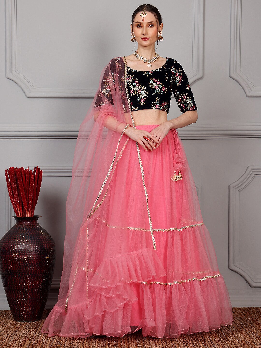 

Ethnovog Floral Embroidered Semi-Stitched Lehenga & Unstitched Blouse With Dupatta, Navy blue