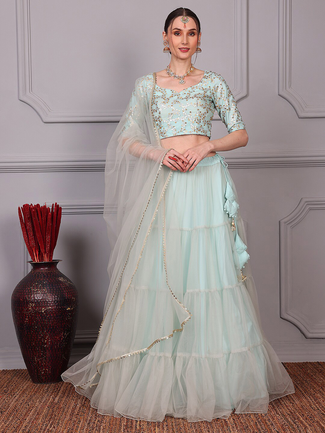 

Ethnovog Embellished Thread Work Semi-Stitched Lehenga & Unstitched Blouse With Dupatta, Blue