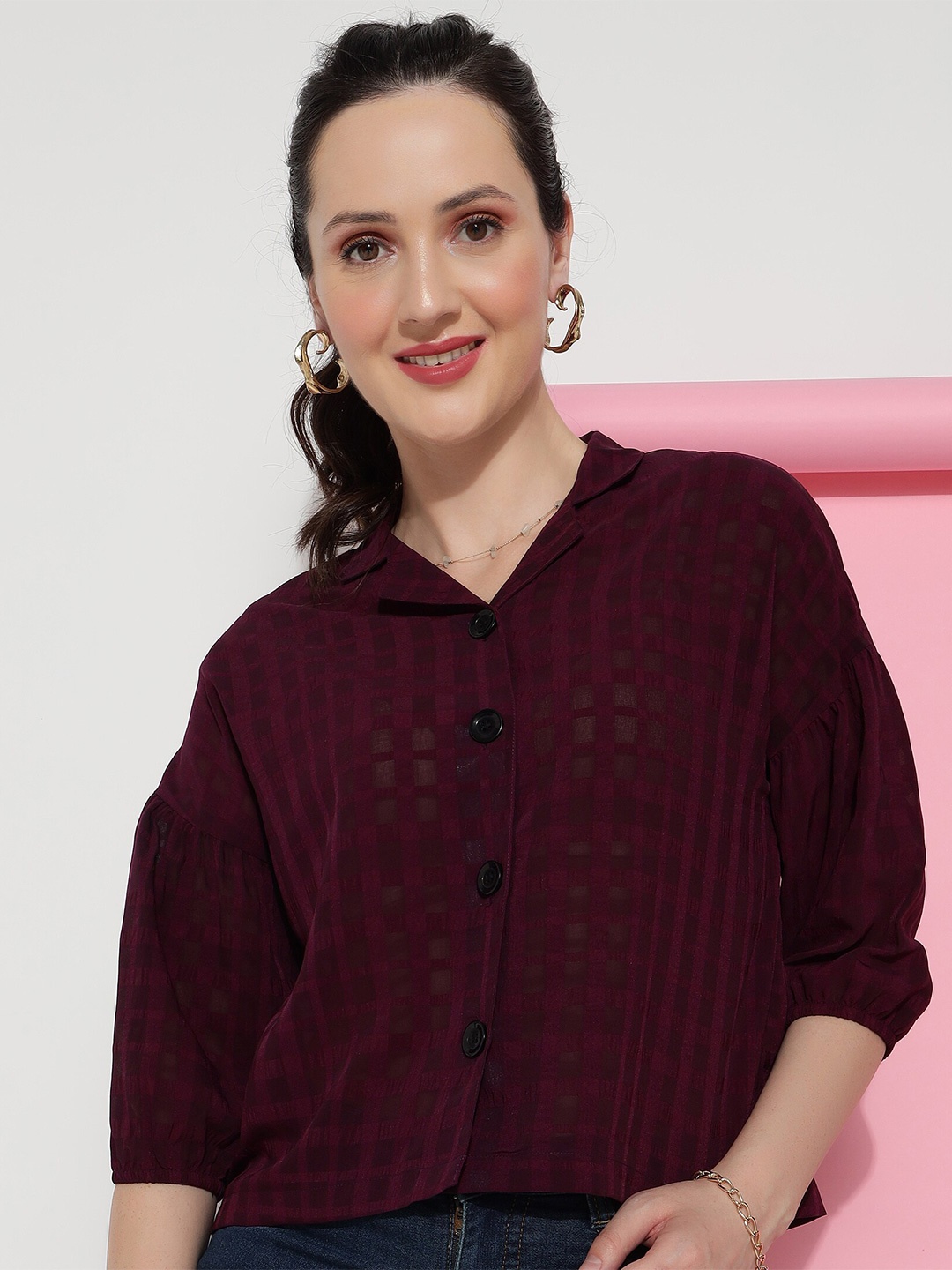 

DressBerry Striped Crepe Shirt Style Top, Maroon