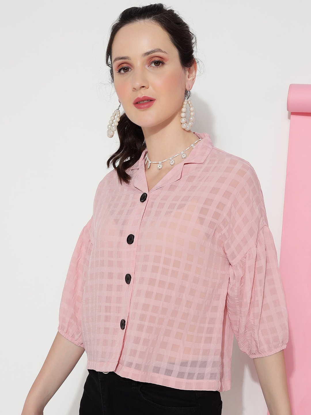 

DressBerry Peach Coloured Checked Lapel Collar Puff Sleeves Crepe Shirt Style Top