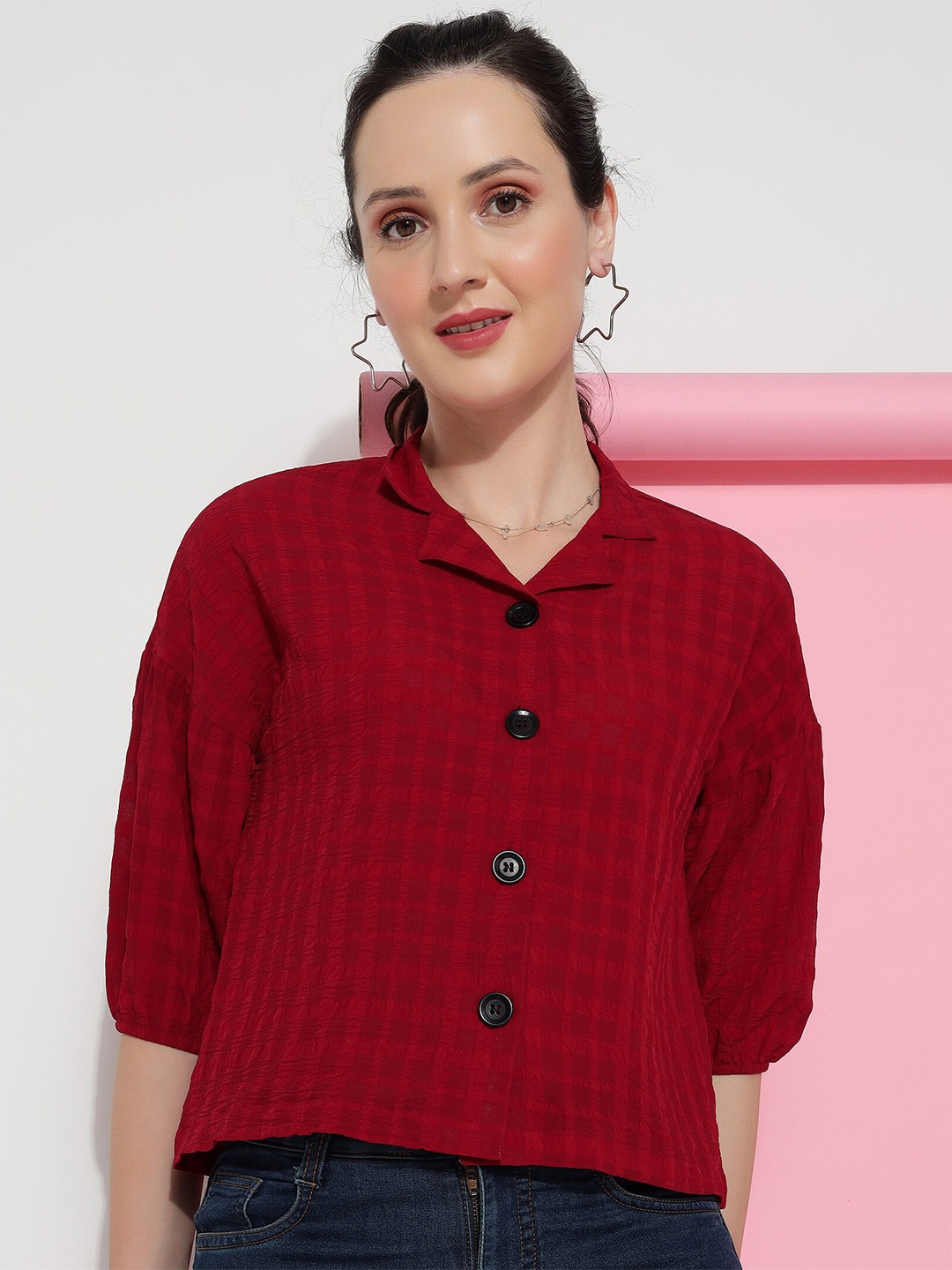 

DressBerry Red Checked Lapel Collar Puff Sleeves Crepe Shirt Style Top