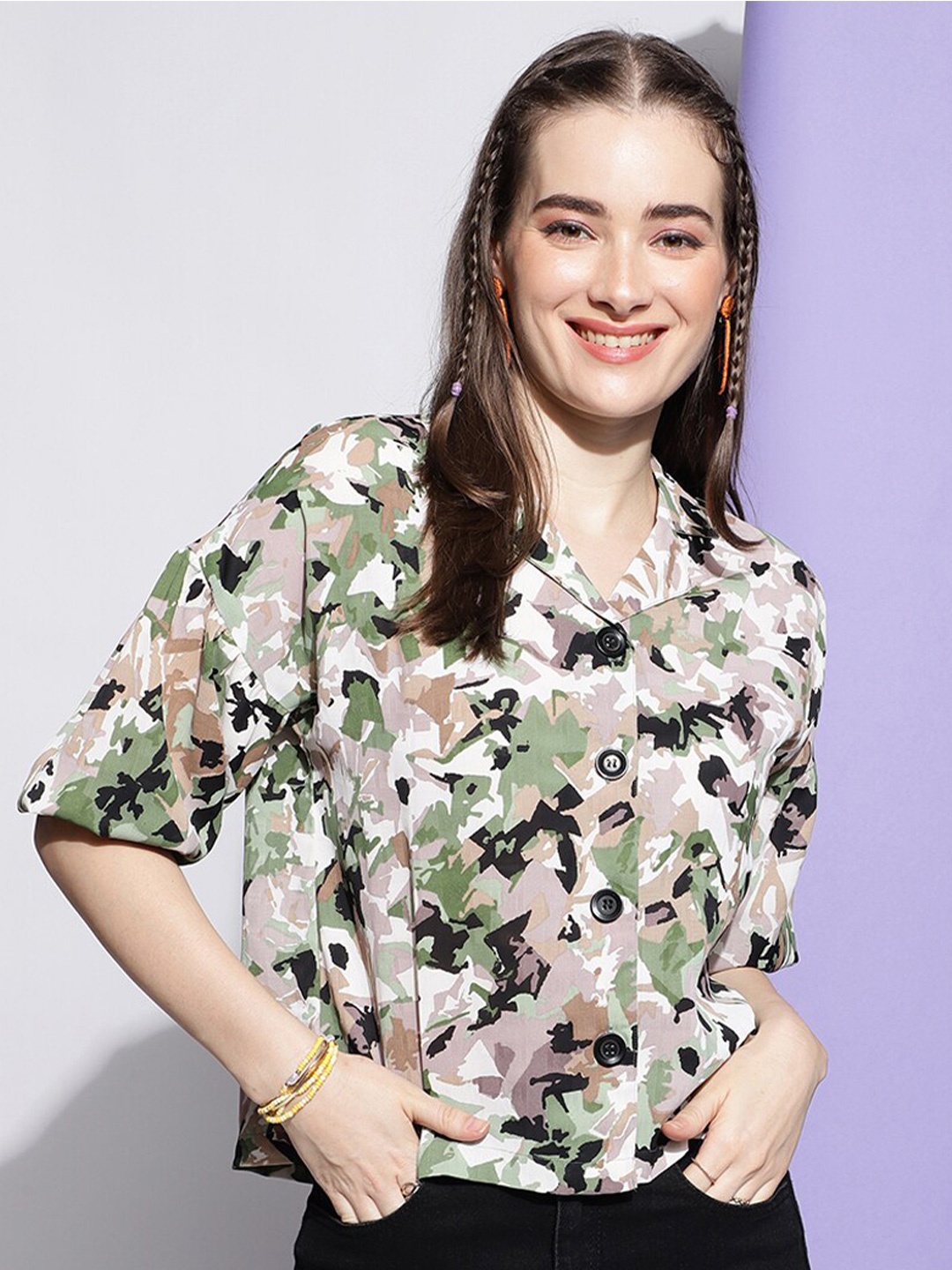

DressBerry Green Abstract Printed Lapel Collar Crepe Shirt Style Top