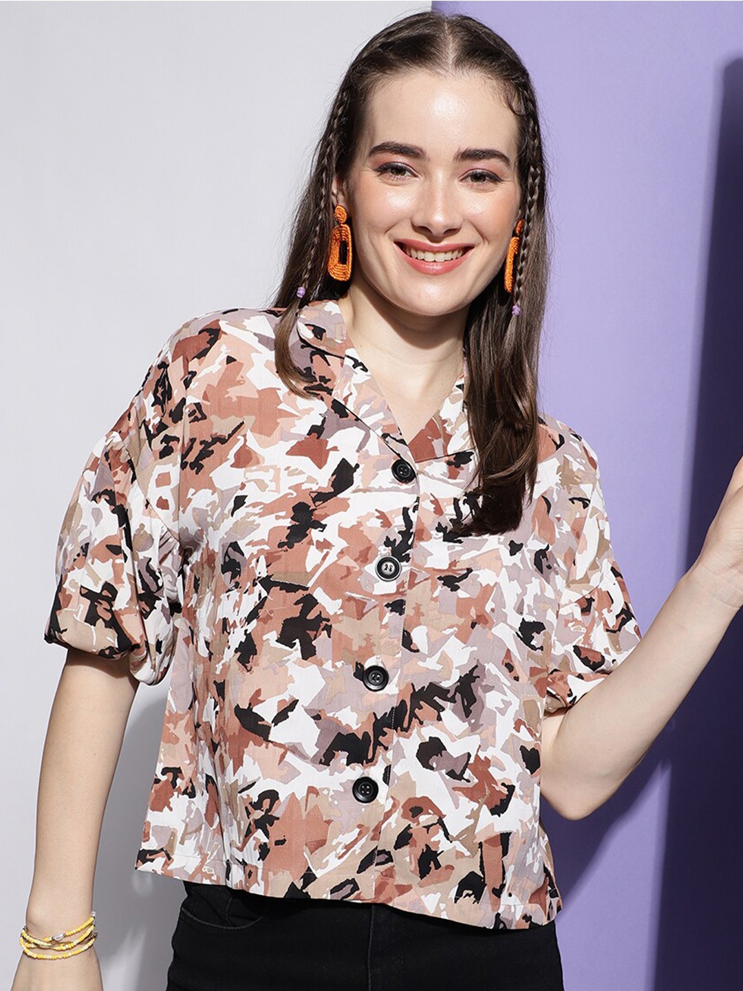 

DressBerry Orange Abstract Printed Lapel Collar Crepe Shirt Style Top