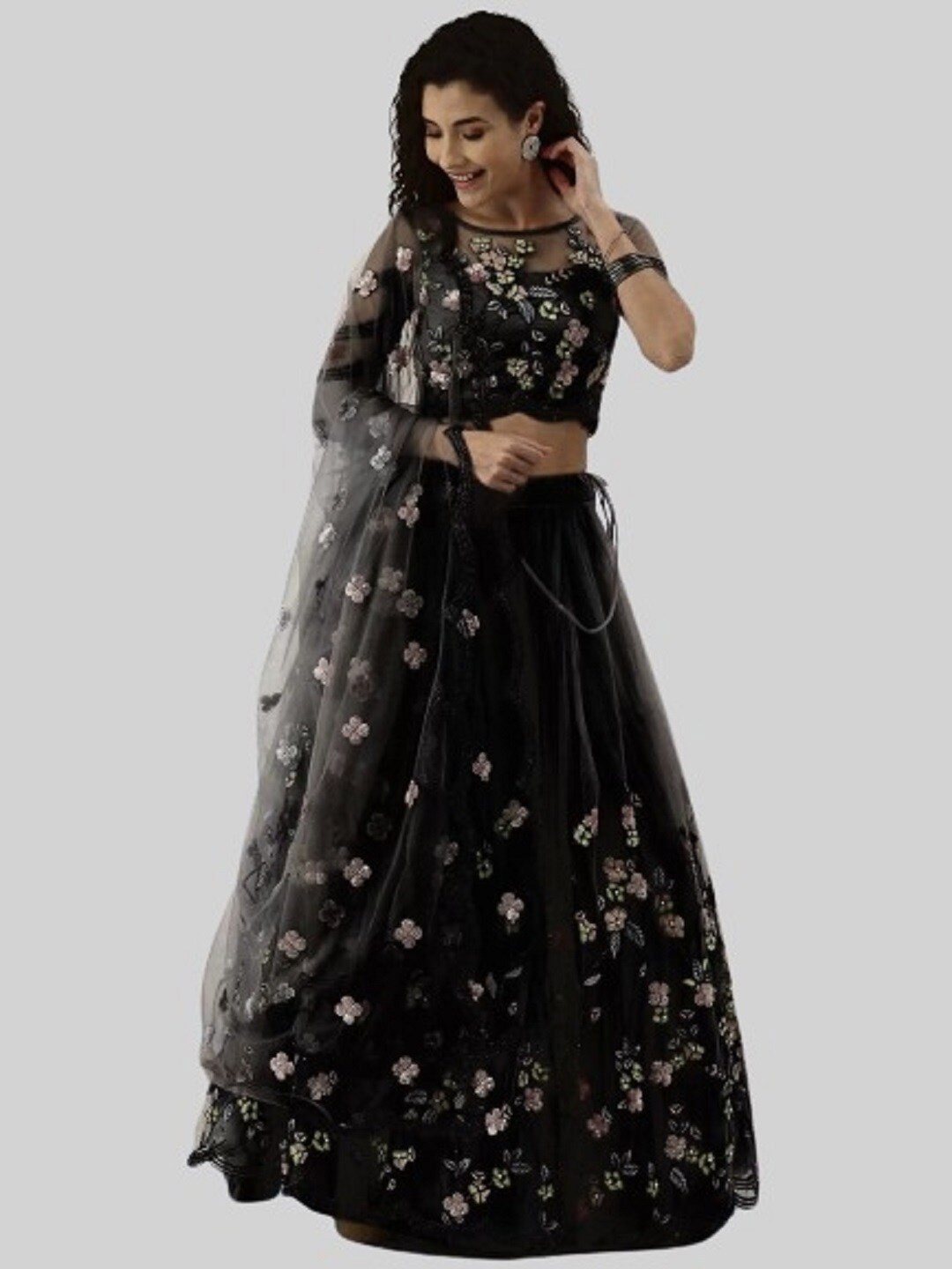 

BAESD Embroidered Net Semi-Stitched Lehenga & Unstitched Blouse With Dupatta, Black