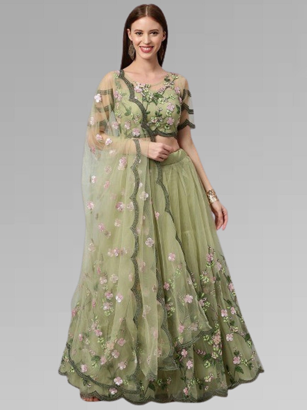 

BAESD Embroidered Net Semi-Stitched Lehenga & Unstitched Blouse With Dupatta, Green