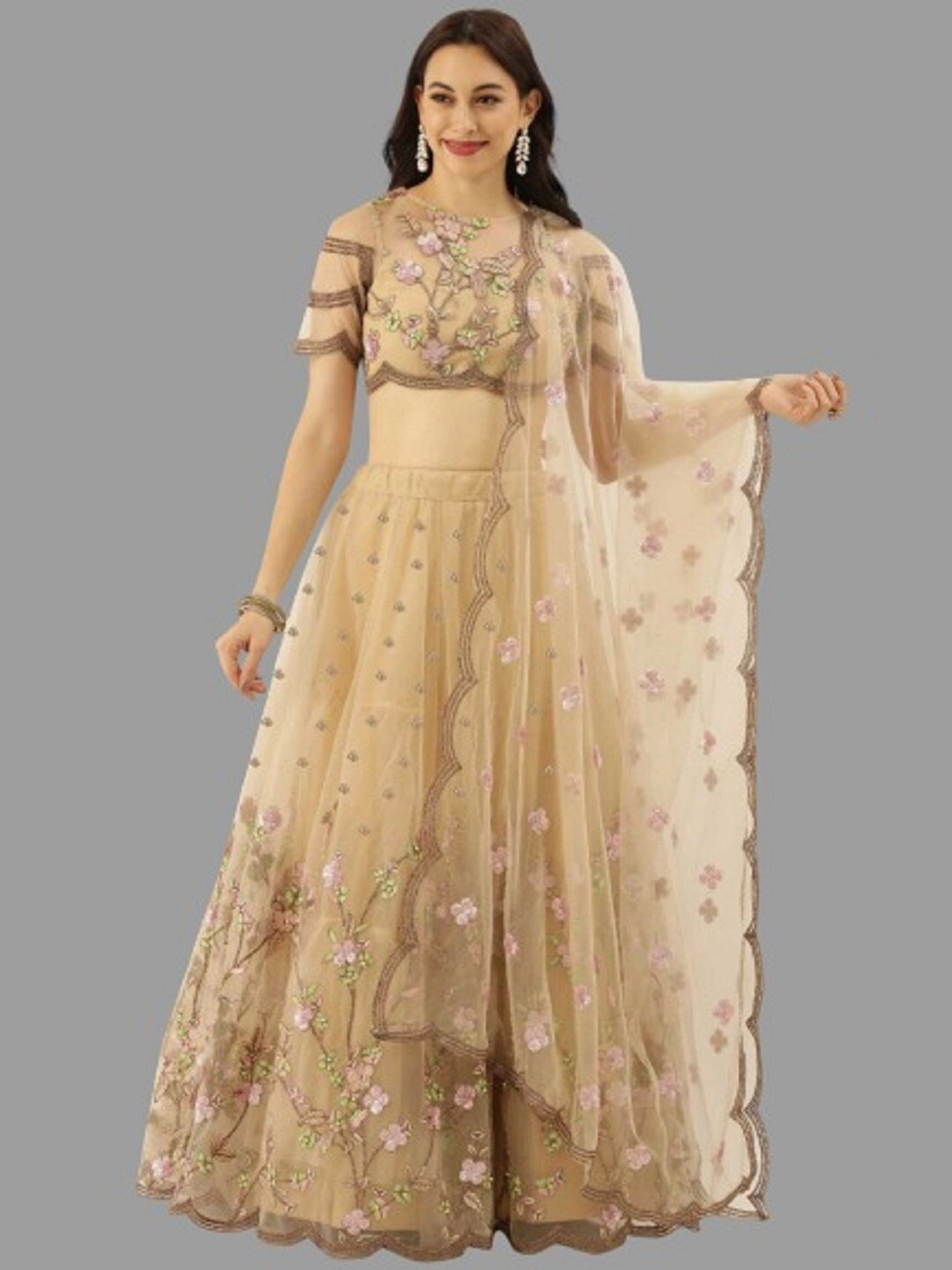 

BAESD Floral Embroidered Semi-Stitched Lehenga & Unstitched Blouse With Dupatta, Cream
