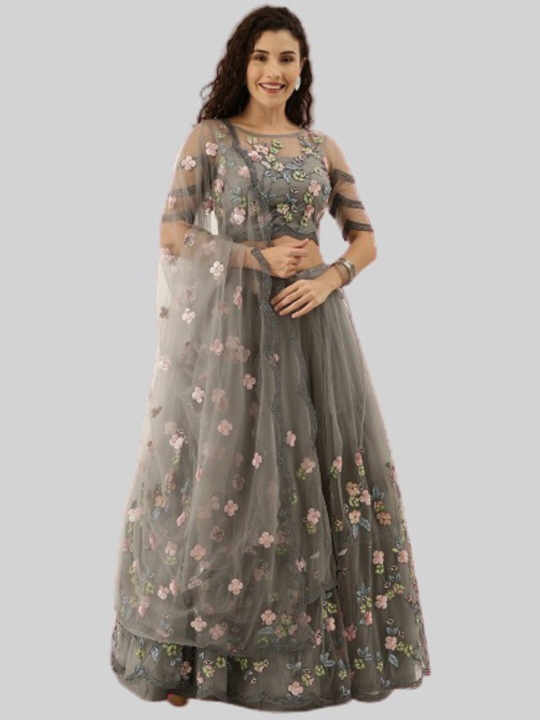 

BAESD Embroidered Net Semi-Stitched Lehenga & Unstitched Blouse With Dupatta, Grey