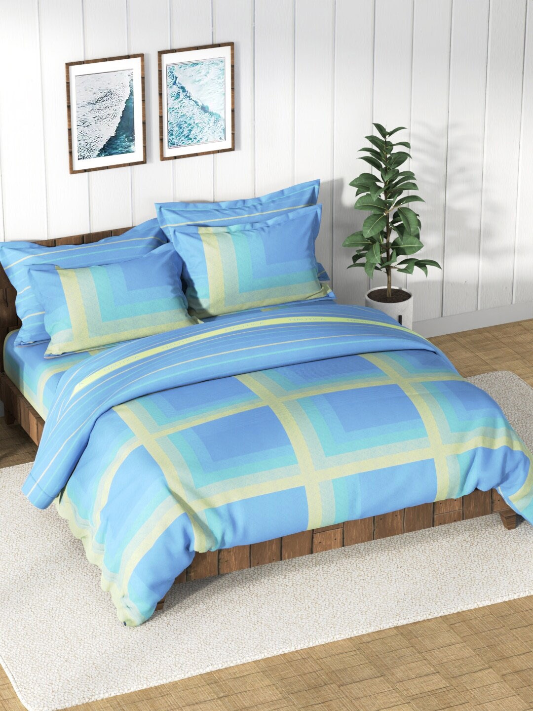 

Nautica Blue & Green Checked Cotton Super Soft Double Queen Bedding Set