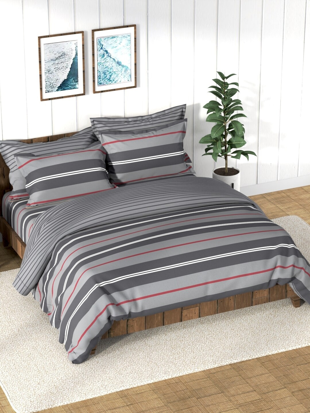 

Nautica Grey & Red Striped Cotton Super Soft Double Queen Bedding Set