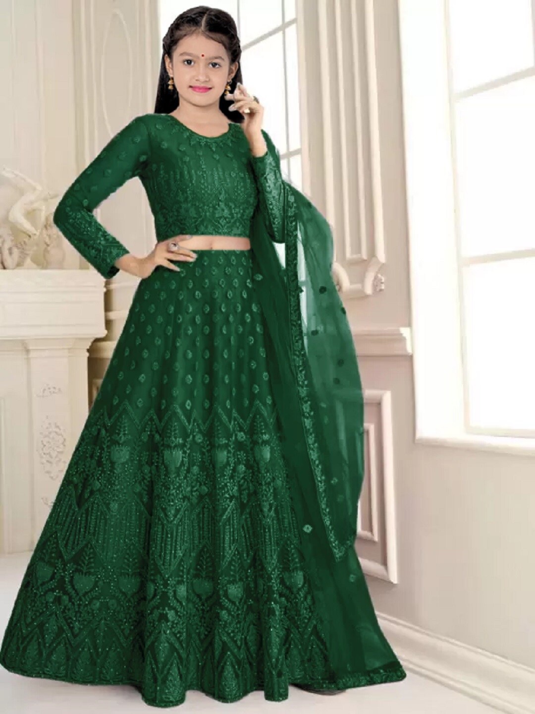 

BAESD Girls Embroidered Net Semi-Stitched Lehenga & Unstitched Blouse With Dupatta, Green