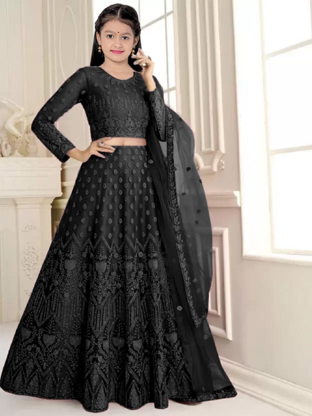 

BAESD Girls Embroidered Semi-Stitched Lehenga & Unstitched Blouse With Dupatta, Black