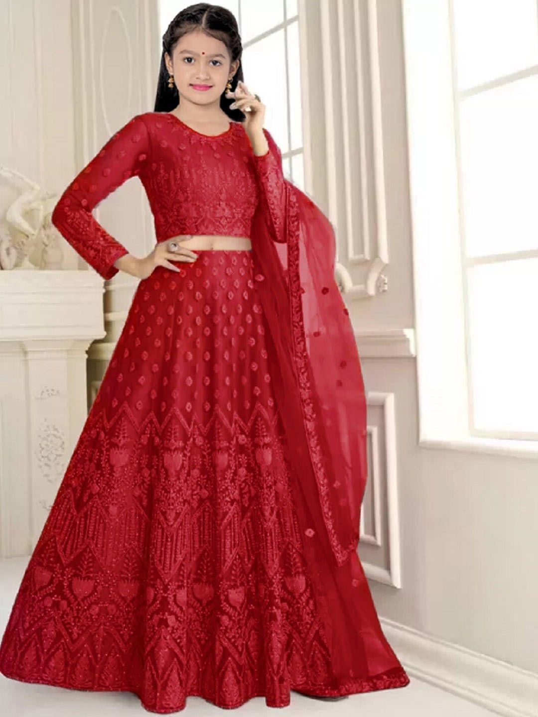 

BAESD Girls Embroidered Semi-Stitched Lehenga & Unstitched Blouse With Dupatta, Red