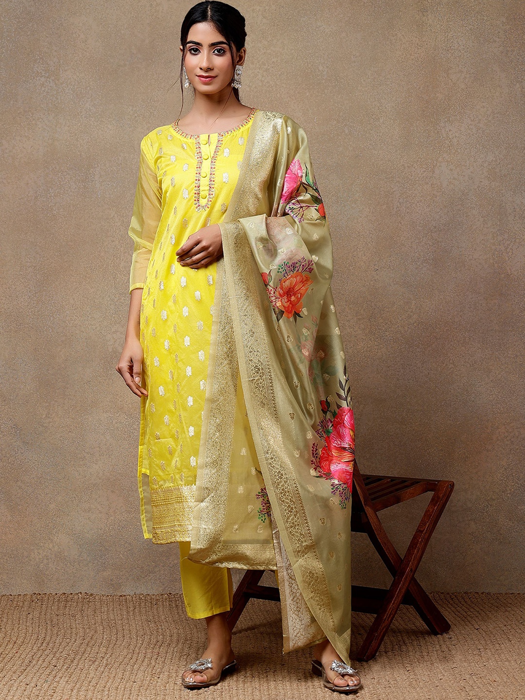 

J.KANJI Floral Woven Design Round Neck Straight Kurta with Trousers & With Dupatta, Yellow