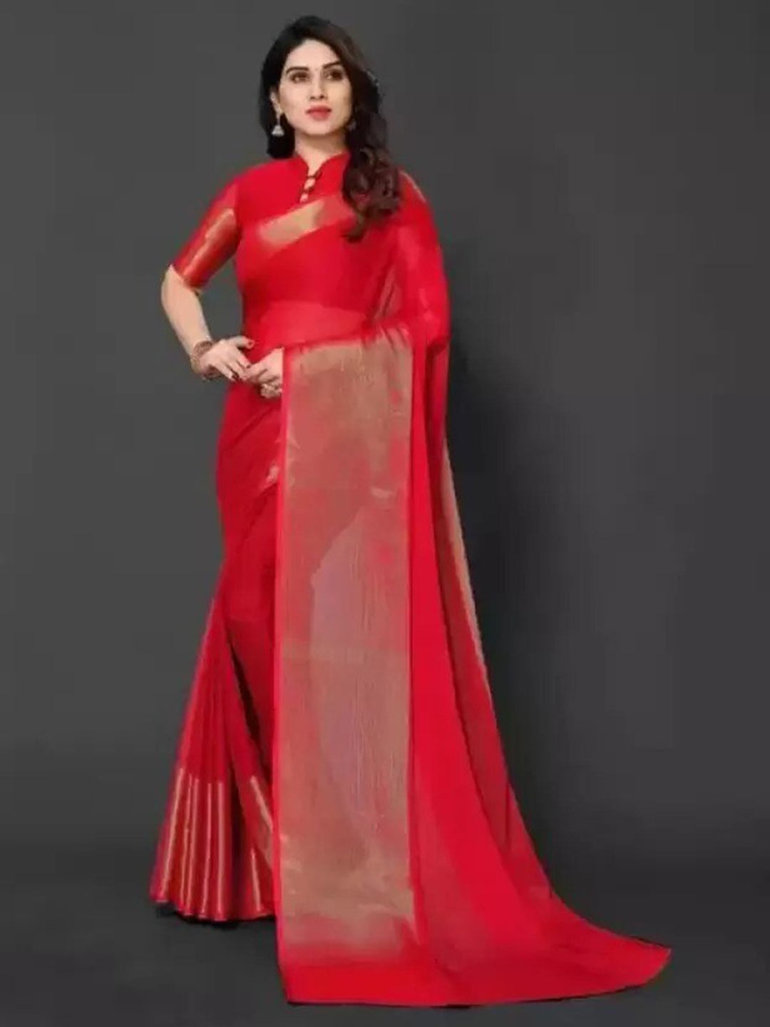 

VRAGI Zari Poly Chiffon Saree, Red