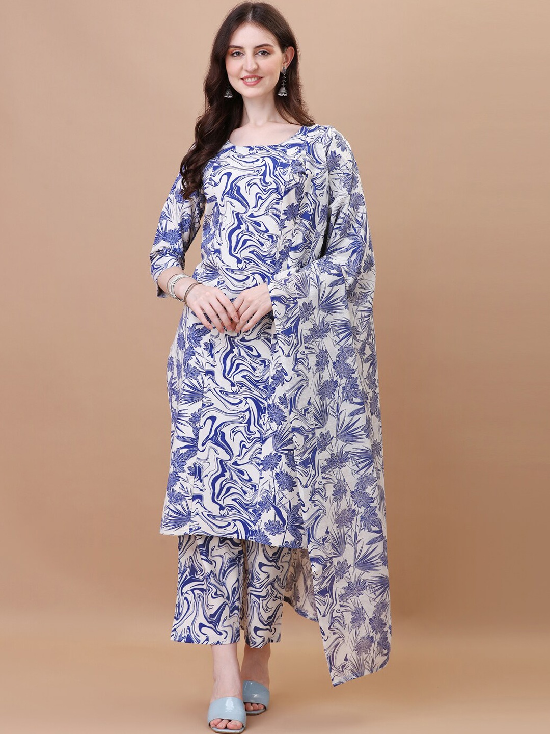 

WILNERCROWN Floral Printed Pure Cotton Straight Kurta With Trousers & Dupatta, Blue