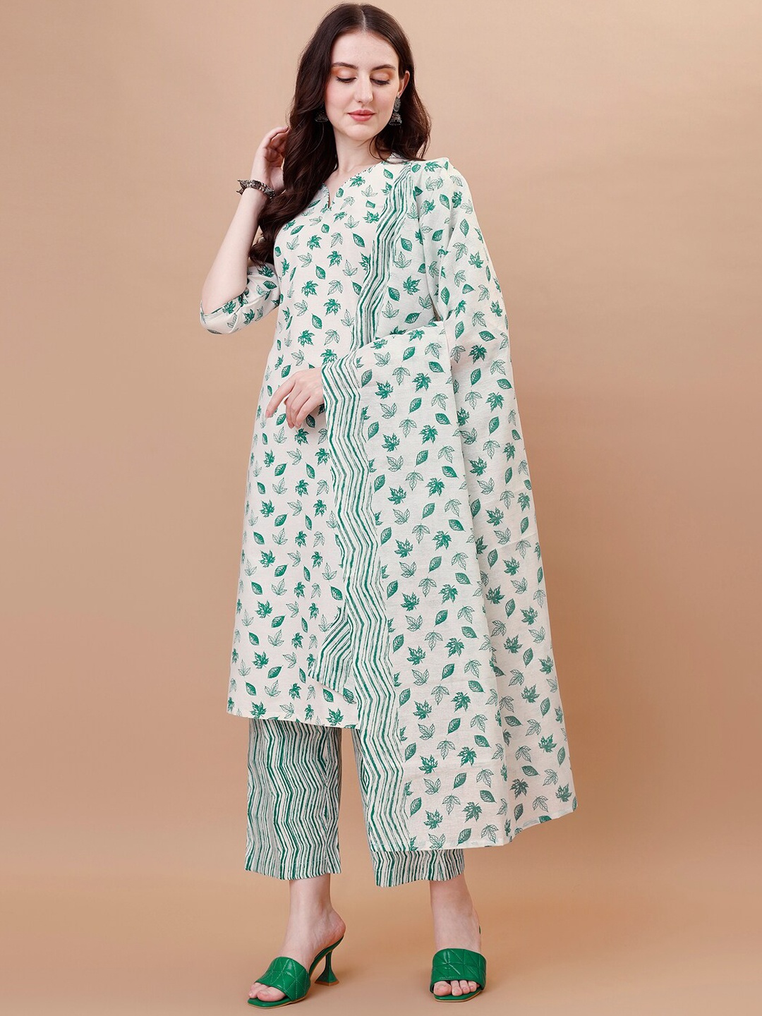 

WILNERCROWN Floral Printed Pure Cotton Straight Kurta with Trouser & Dupatta, White