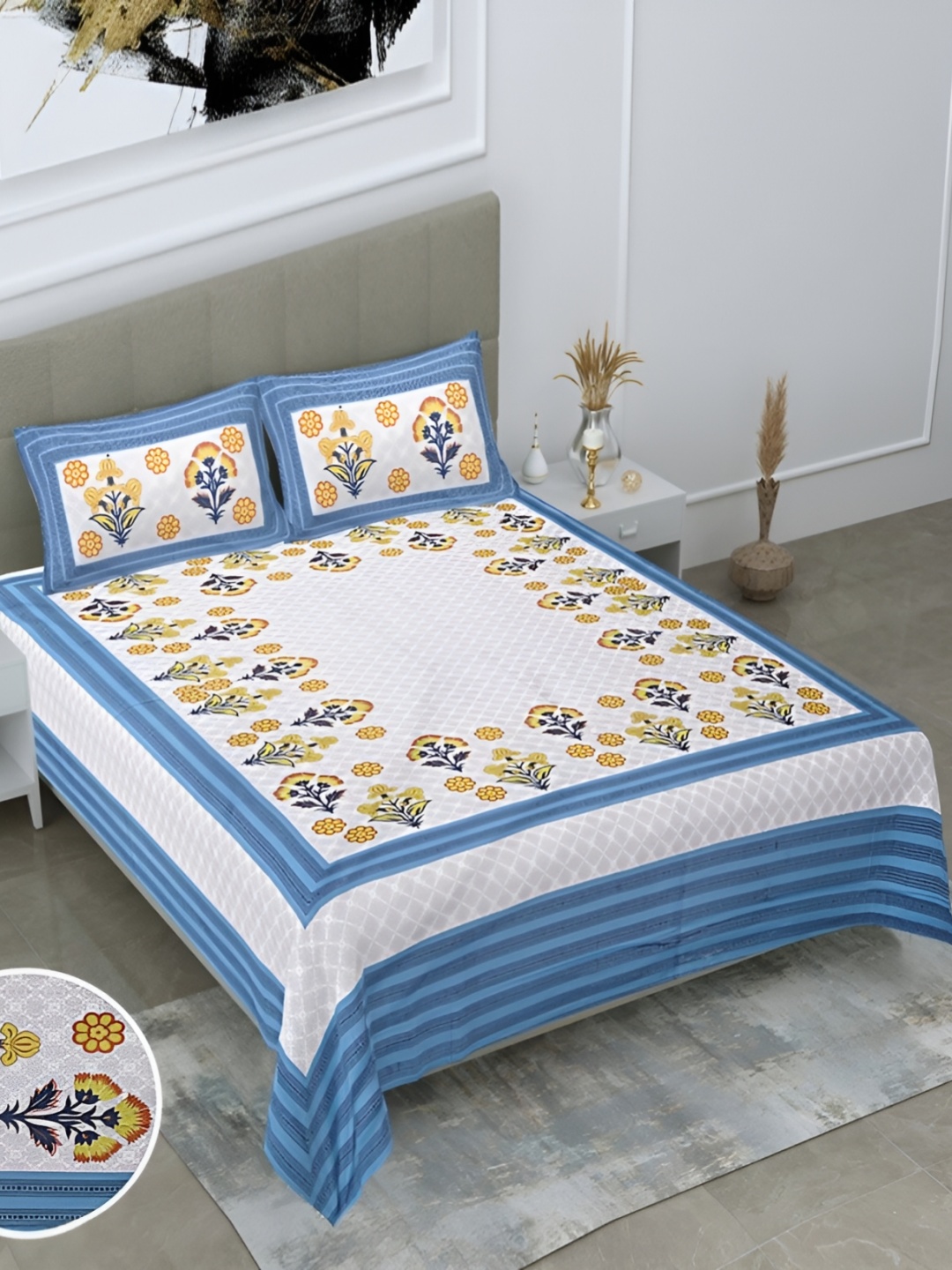 

Bedbathandbliss Blue & White Floral Printed Cotton 300 TC Queen Bedsheet & 2 Pillow Covers