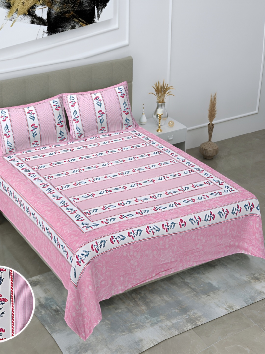 

Bedbathandbliss Pink & White Floral Printed Cotton 300 TC Queen Bedsheet & 2 Pillow Covers