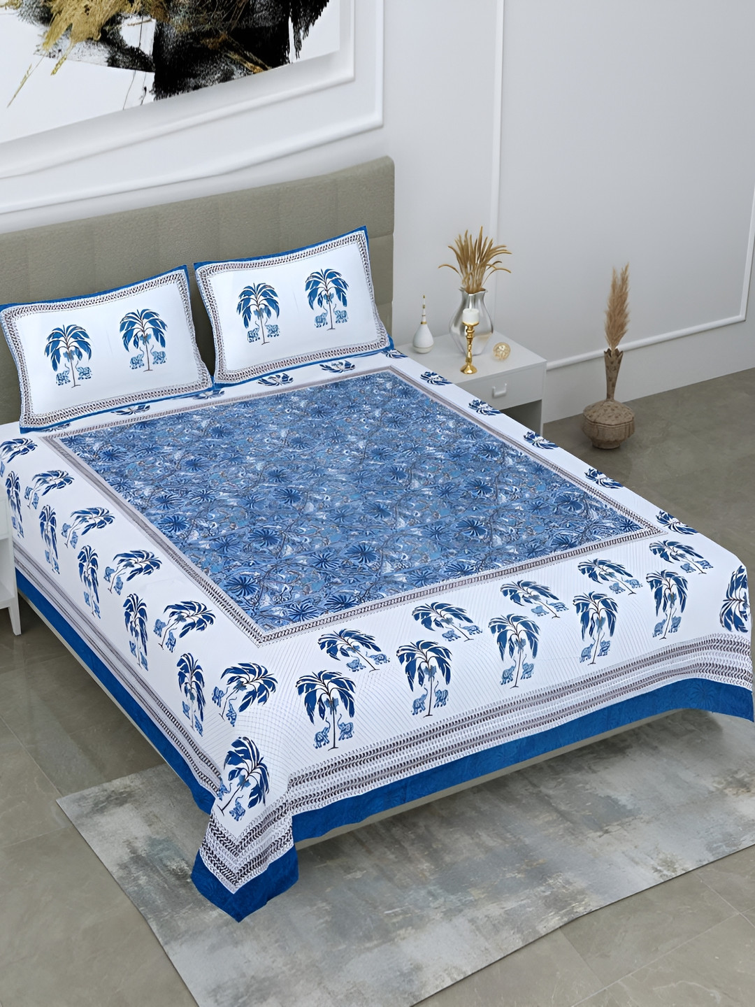 

Bedbathandbliss Blue & White Floral Printed Cotton 300 TC Queen Bedsheet & 2 Pillow Covers