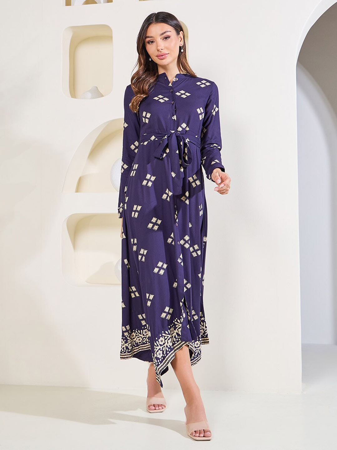 

Styli Block Printed Handkerchief Hem Shirt Midi Dress with Self Tie Up, Navy blue