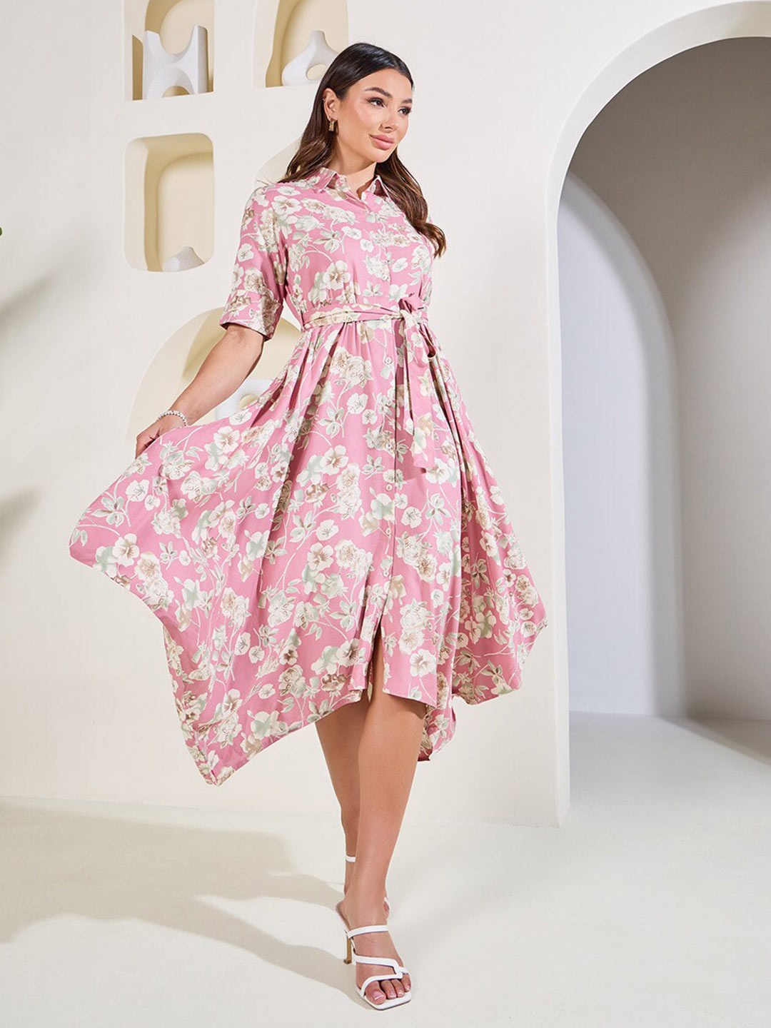 

Styli Pink Floral Printed Short Sleeves Belted Handkerchief Hem Shirt Midi Dress