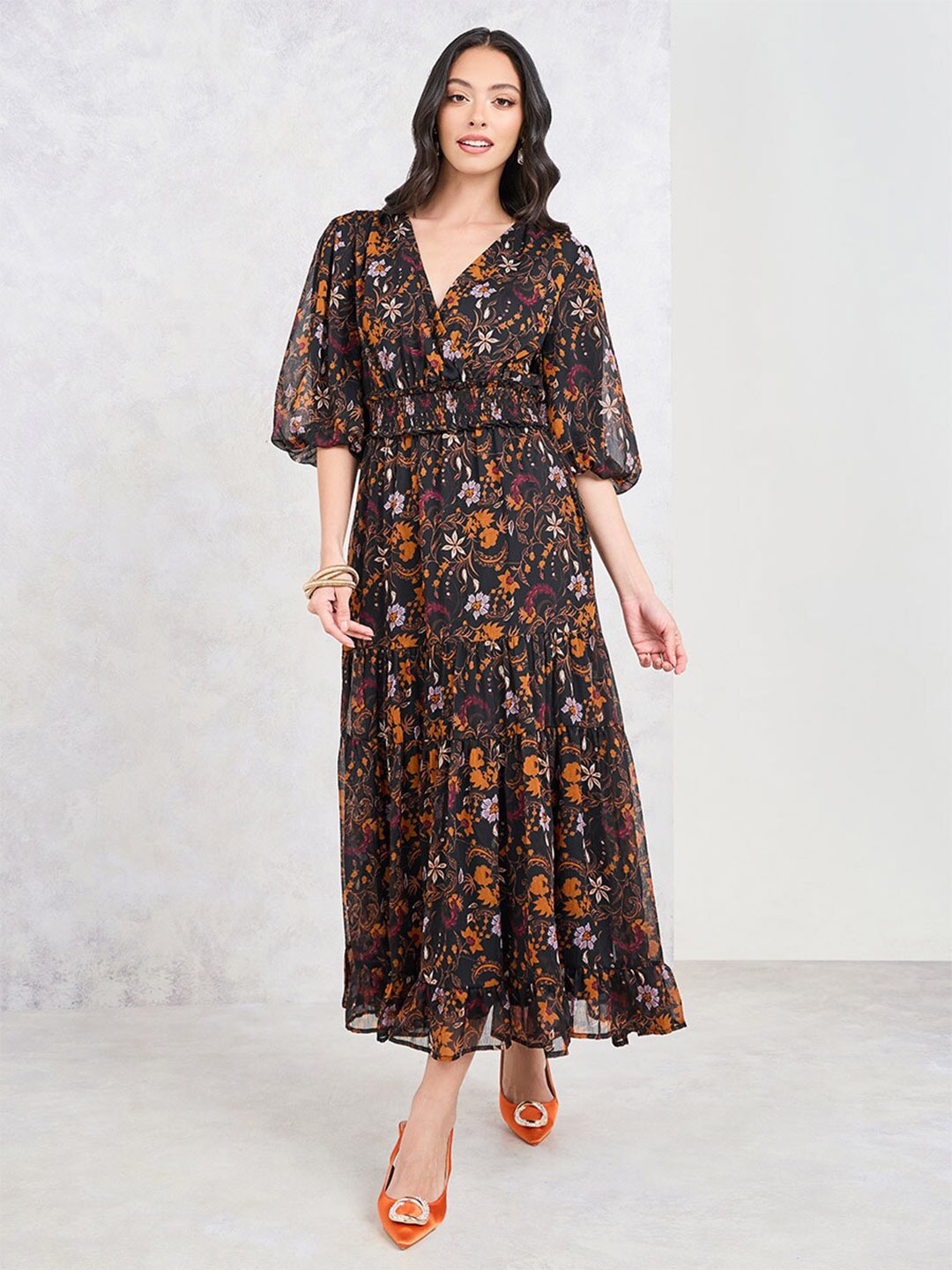 

Styli Floral Printed Puff Sleeve Maxi Dress, Black
