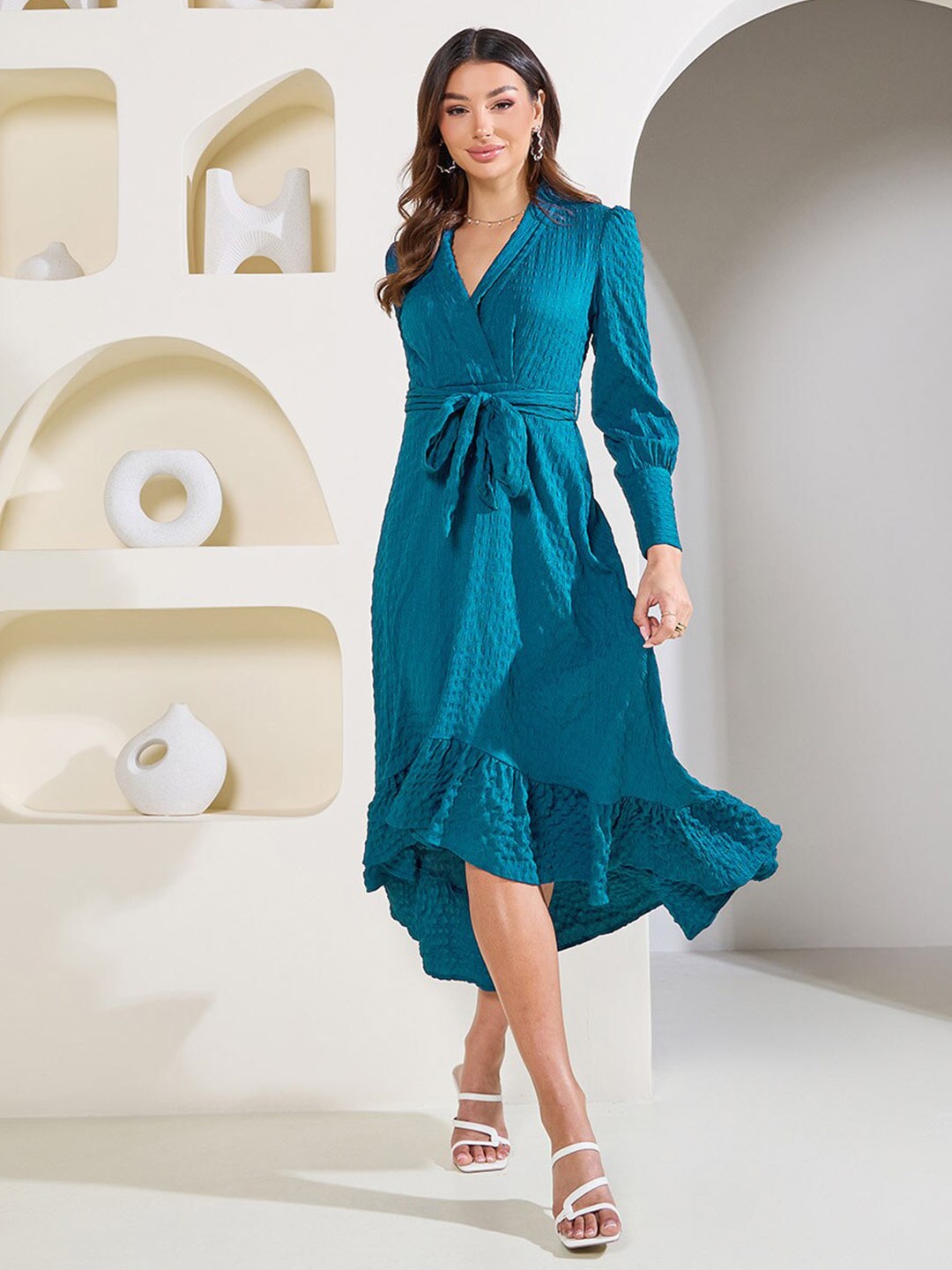

Styli Teal Blue Textured V-Neck Belted High Low Ruffle Hem A-Line Midi Dress & Self Tie Up