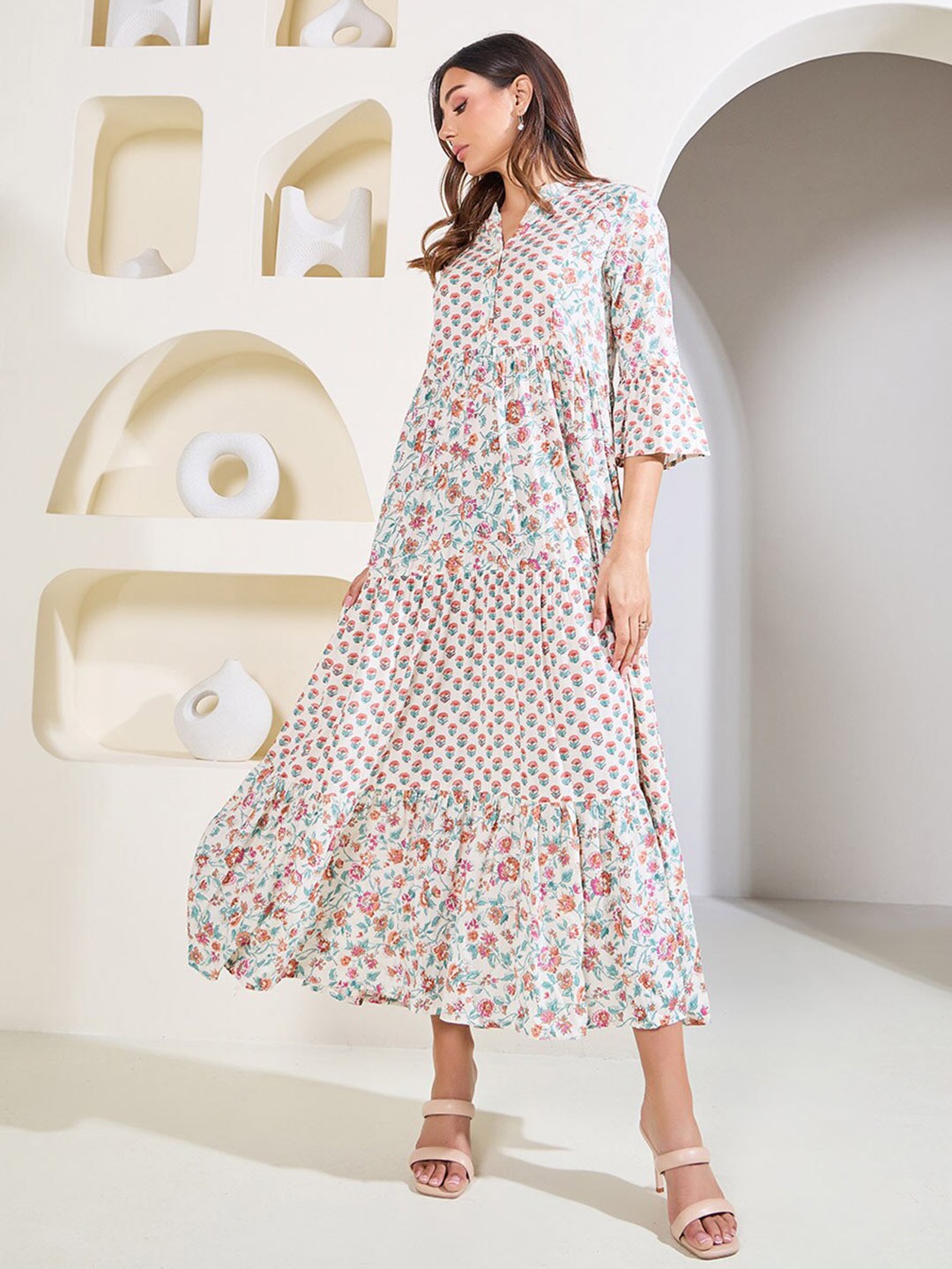 

Styli Beige Floral Printed Mandarin Collar Bell Sleeve Gathered Tiered A-Line Maxi Dress