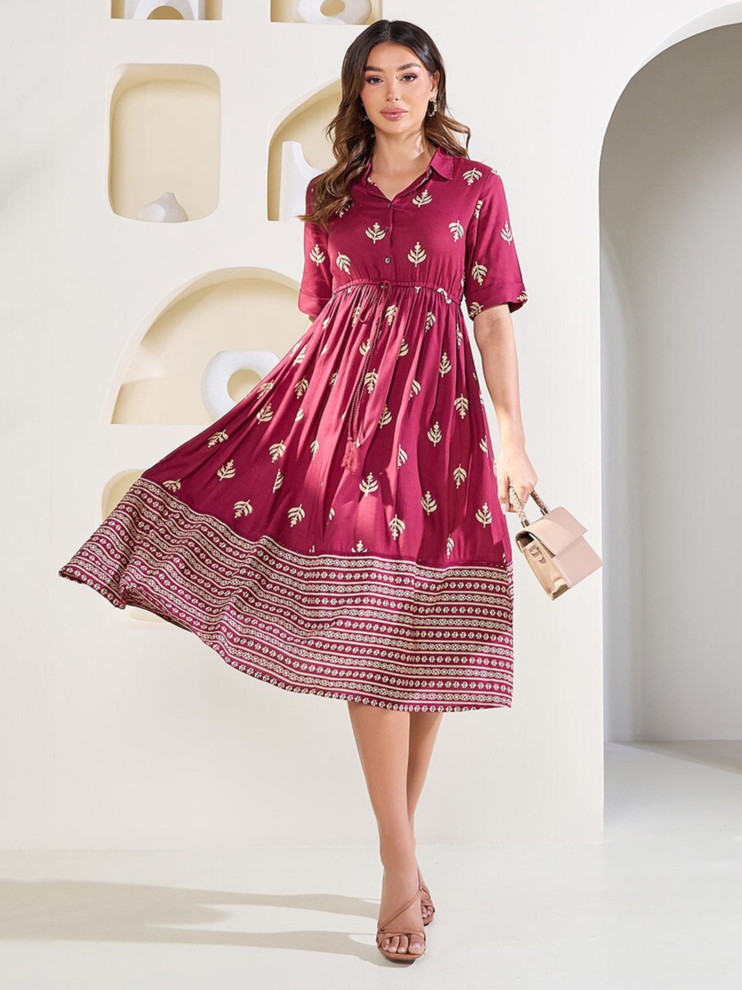 

Styli Ethnic Motifs Printed Shirt Collar Shirt Dress, Maroon