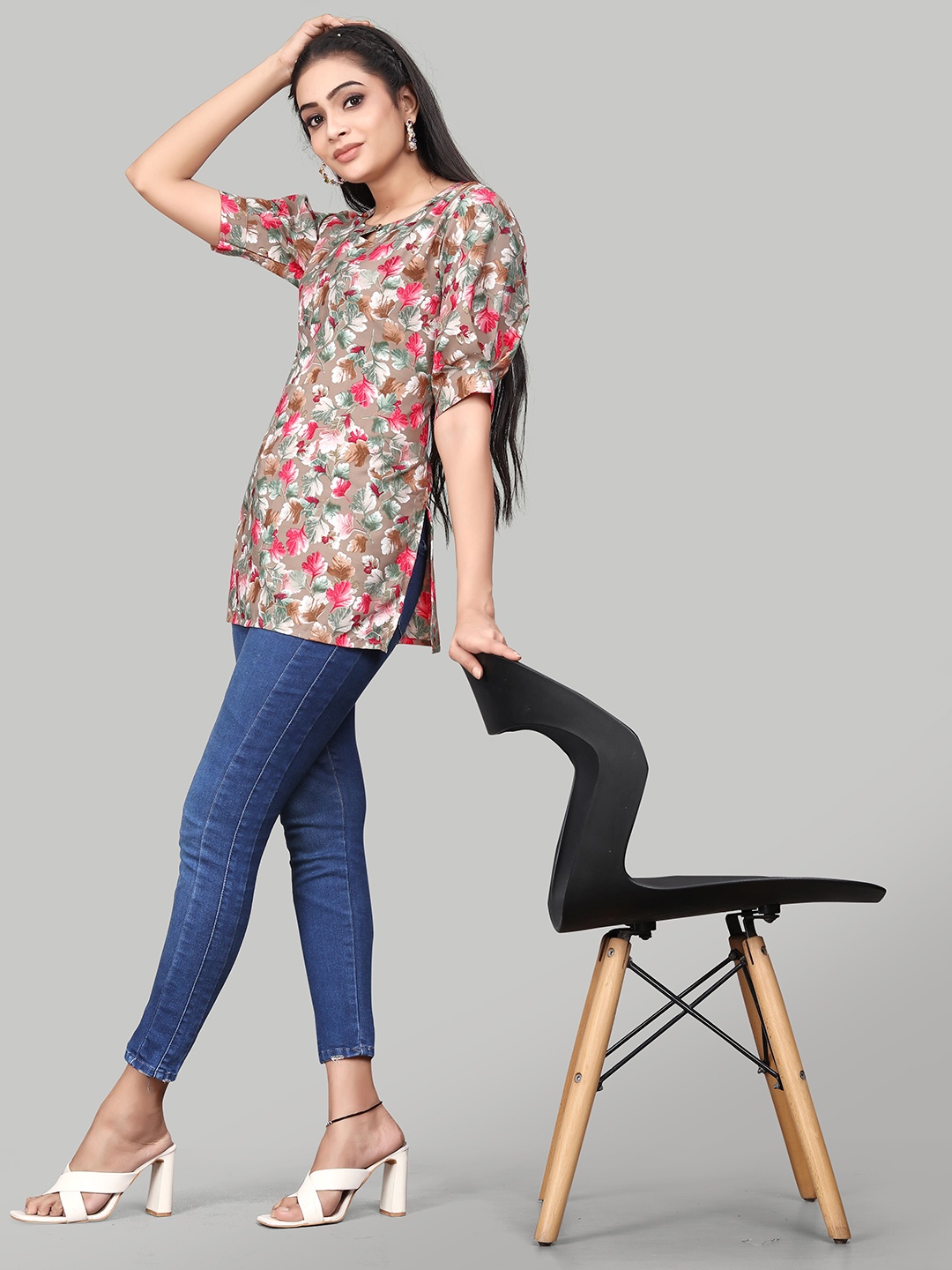 

ZELZIS Floral Printed Puff Sleeves Straight Kurti, Brown