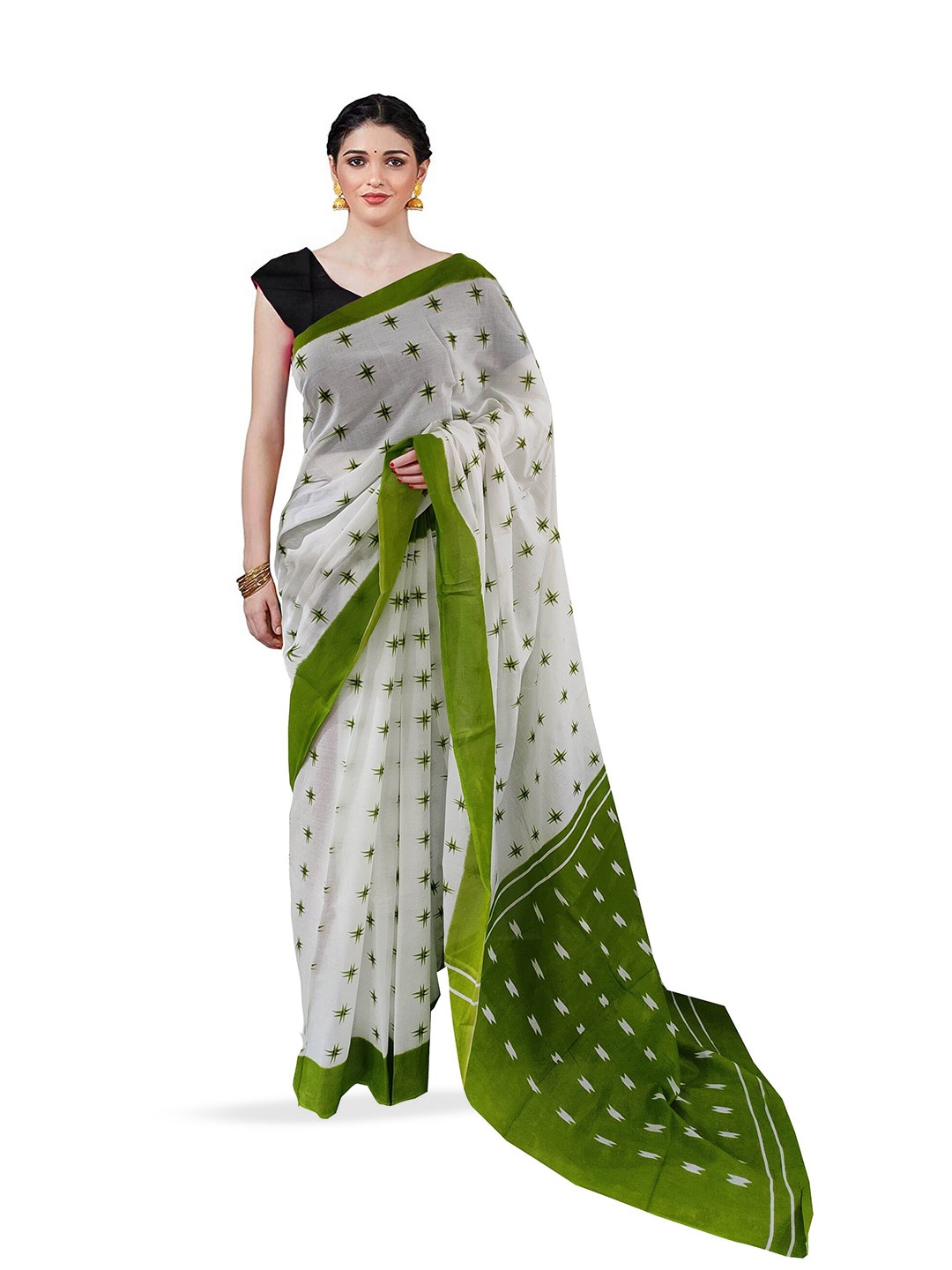 

Sanganeri Print Geometric Printed Pure Cotton Block Print Saree, Green