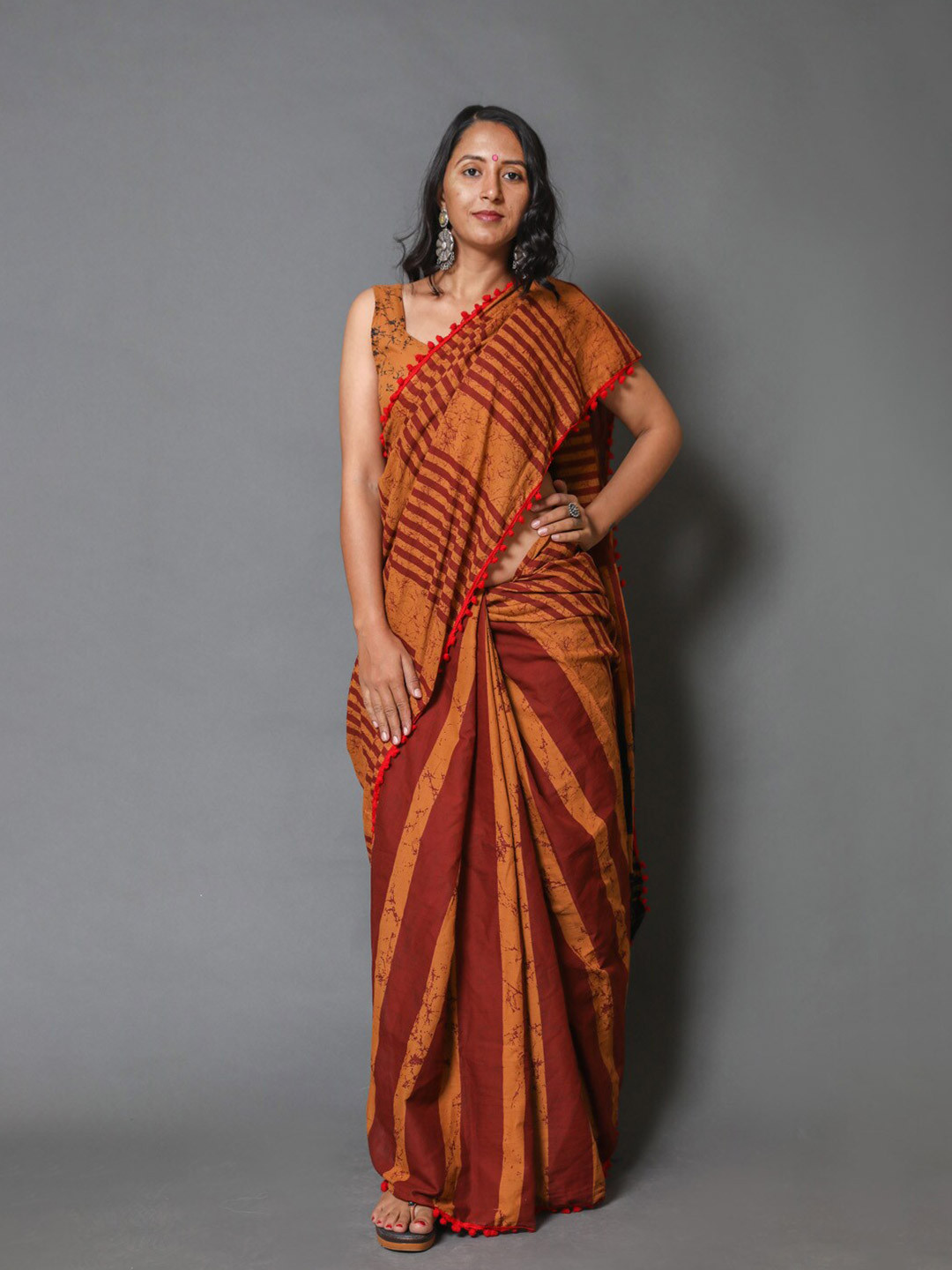 

Sanganeri Print Striped Pure Cotton Block Print Saree, Brown