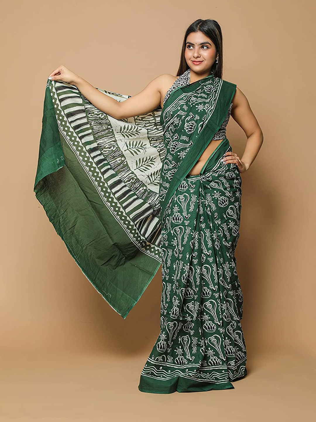 

Sanganeri Print Ethnic Motifs Pure Cotton Block Print Saree, Green