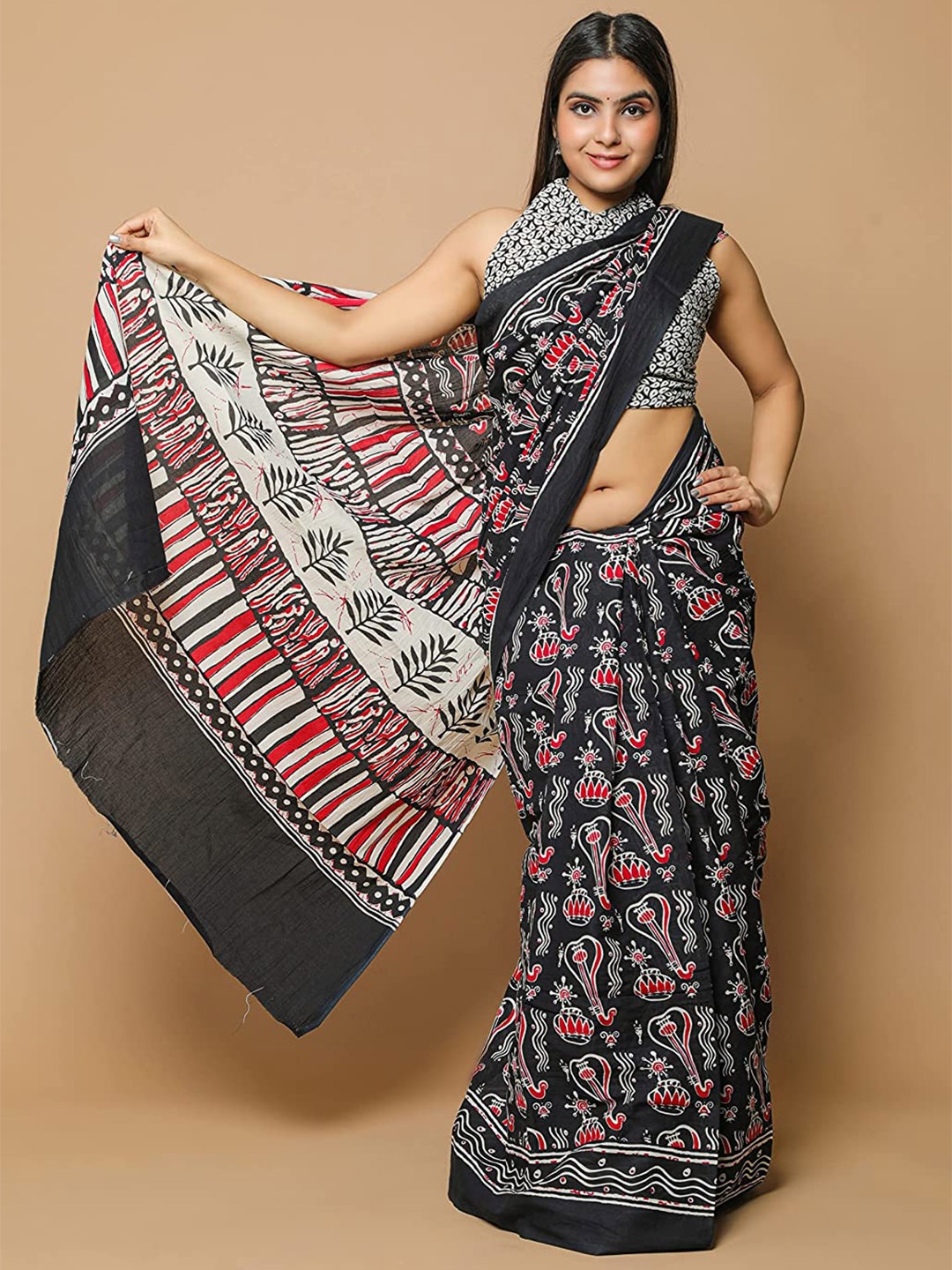 

Sanganeri Print Ethnic Motifs Pure Cotton Block Print Saree, Black